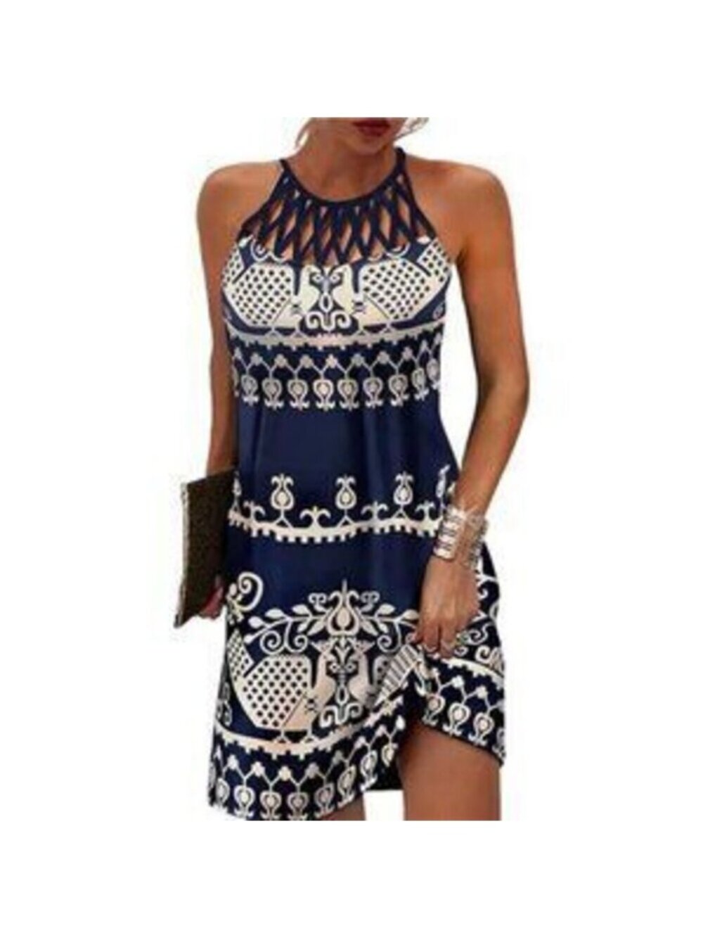 Women's Casual Floral Hollow Out Halter Neck A-line Cold Shoulder Summer Dress